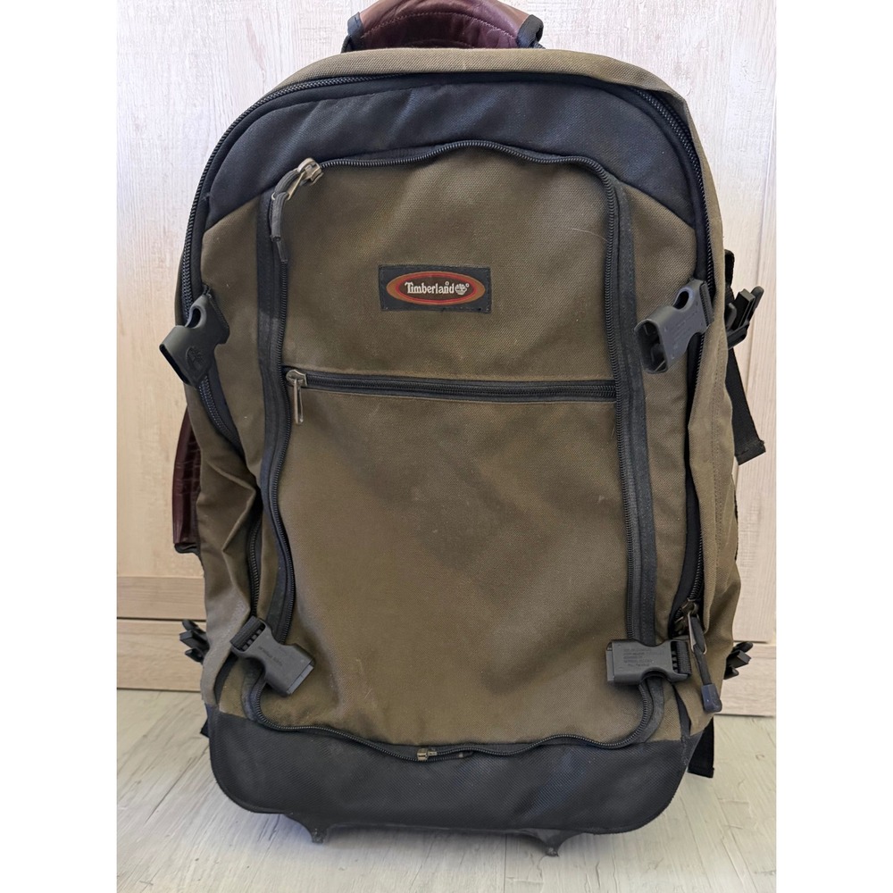Timberland Rolling Backpack Convertible Travel Bag Olive Green Canvas Luggage